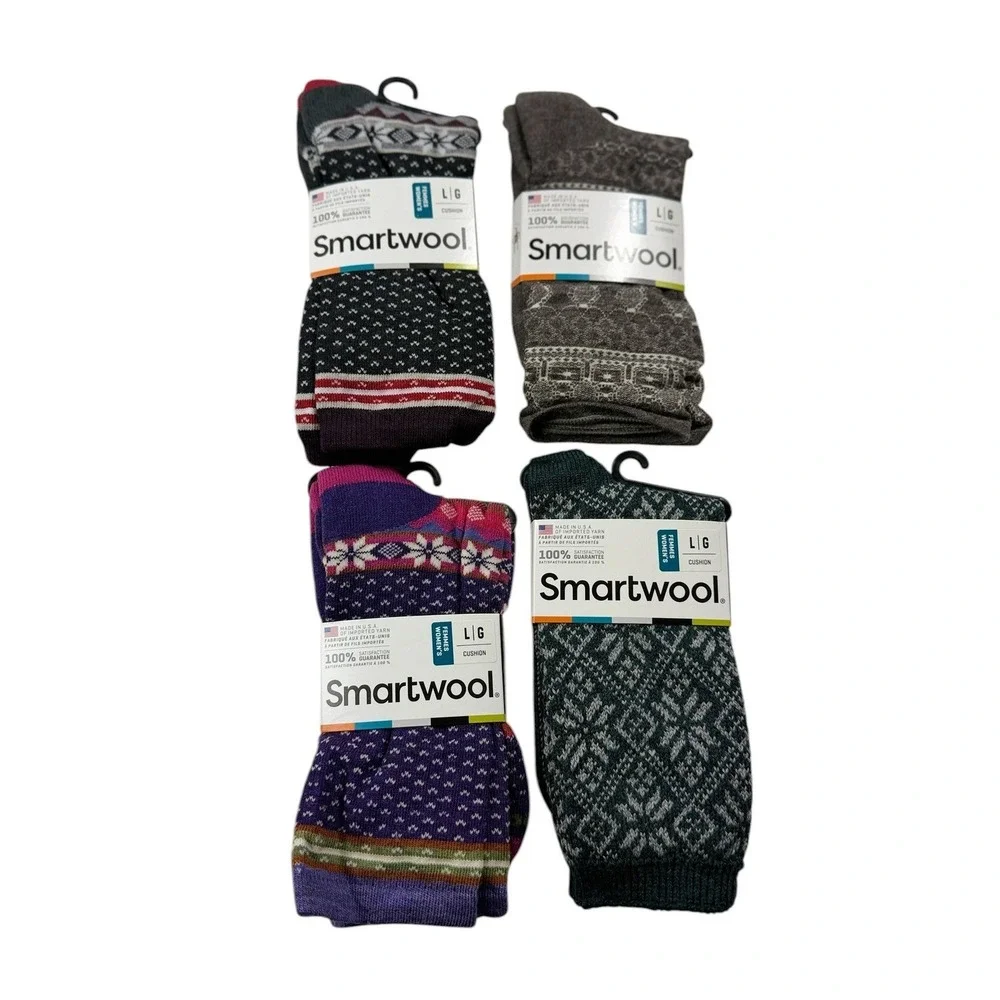 LOT of 4 Smartwool Women Large Cozy Cabin Crew Merino Wool Socks Fair Isle New